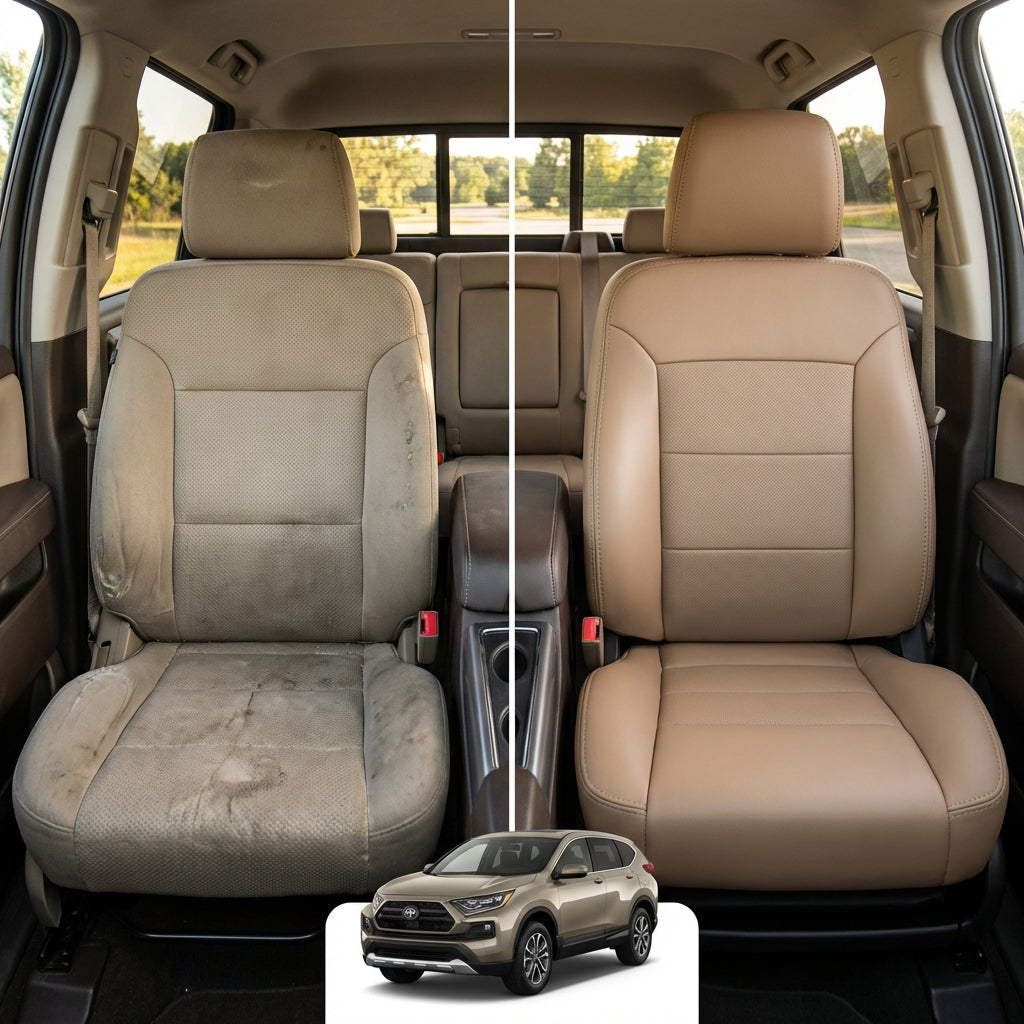 Before-and-after comparison of Pontiac_G8 front seats, showing original cloth seat upgraded to perforated leather upholstery.
