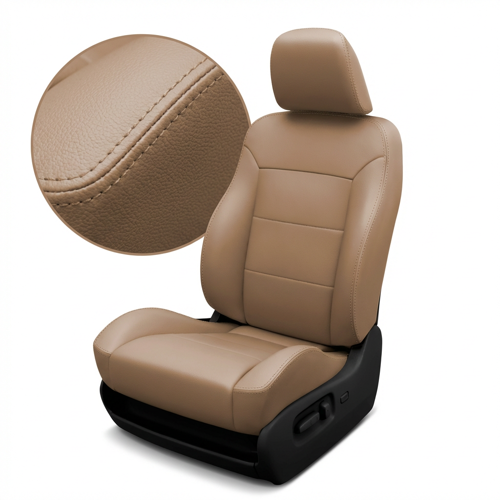 Beige car seat with headrest on a white background