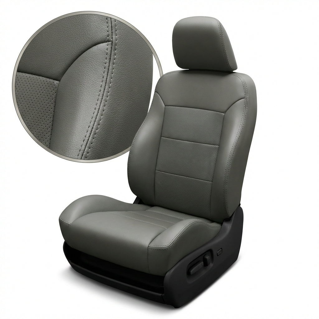 Gray car seat cover with detailed stitching on a white background