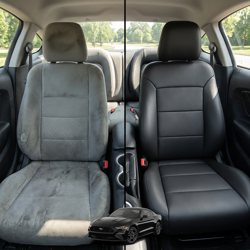 Before-and-after comparison of Saturn_Sky front seats, showing original cloth seat upgraded to perforated leather upholstery.
