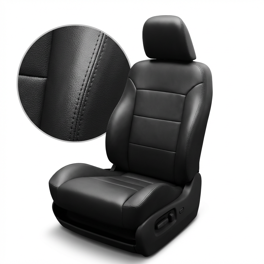 Black car seat cover with detailed stitching on a white background