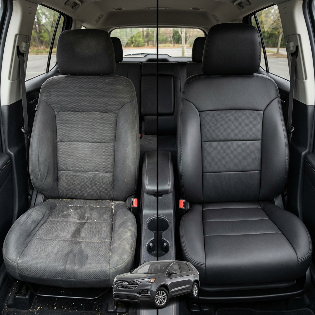 Before-and-after comparison of Scion XD front seats, showing original cloth seat upgraded to perforated leather upholstery.