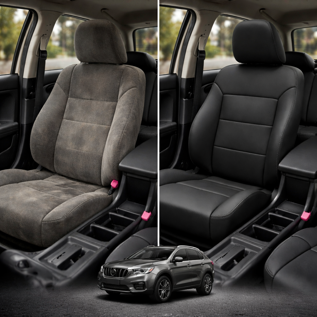Before-and-after comparison of Volvo V70 front seats, showing original cloth seat upgraded to perforated leather upholstery.