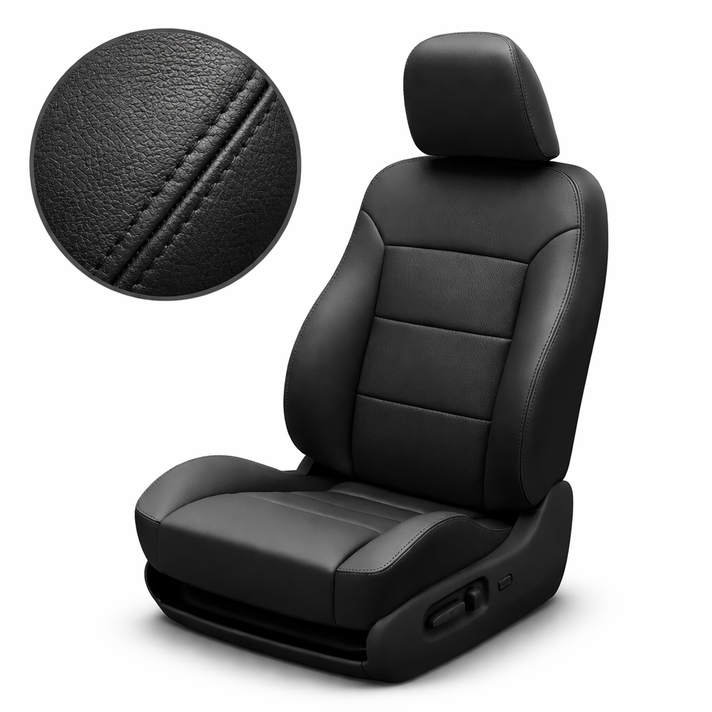 Black leather car seat with close-up of texture on a white background