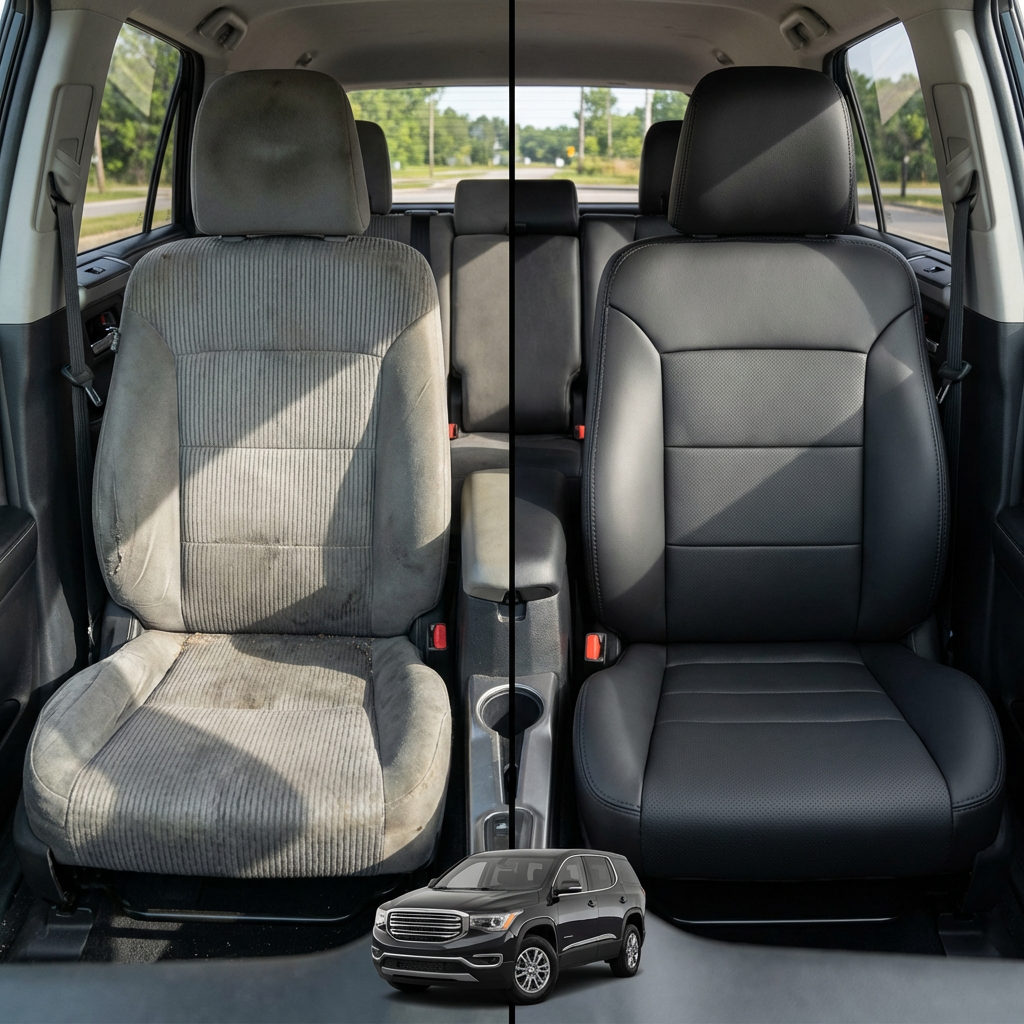 Before-and-after comparison of Volvo XC70 front seats, showing original cloth seat upgraded to perforated leather upholstery.