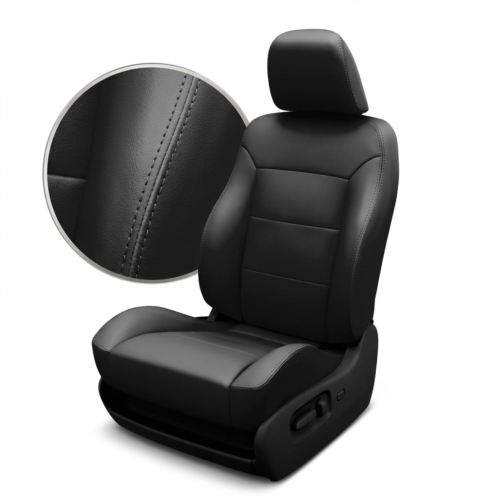 Black car seat cover with detailed stitching on a white background