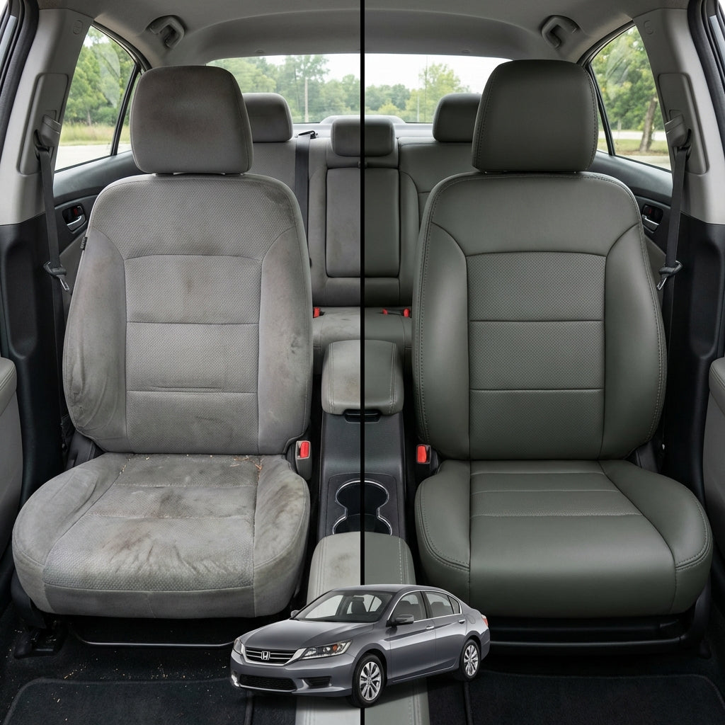 Before-and-after comparison of Volvo XC70 front seats, showing original cloth seat upgraded to perforated leather upholstery.