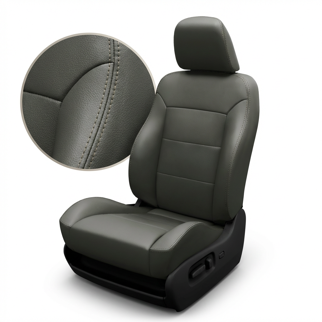 Gray car seat with detailed stitching on a white background
