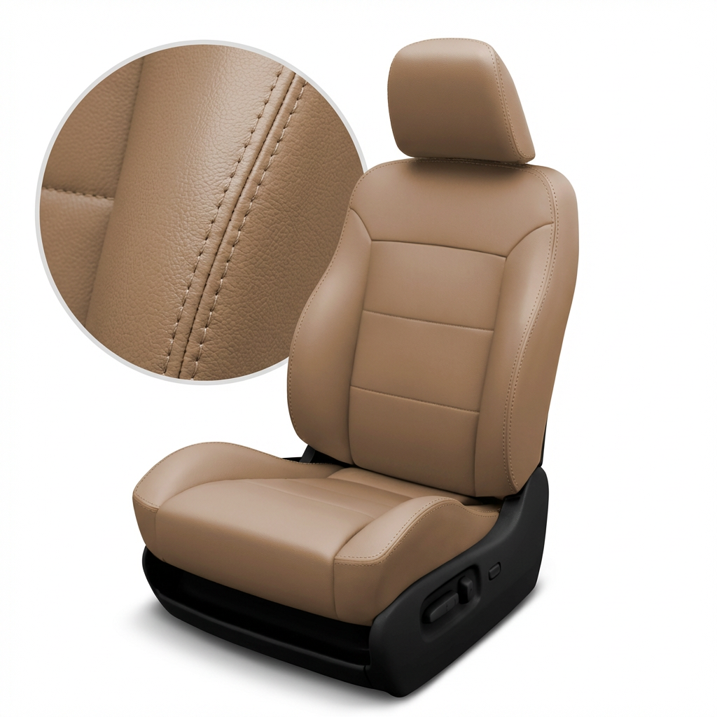 Beige car seat with detailed stitching on a white background
