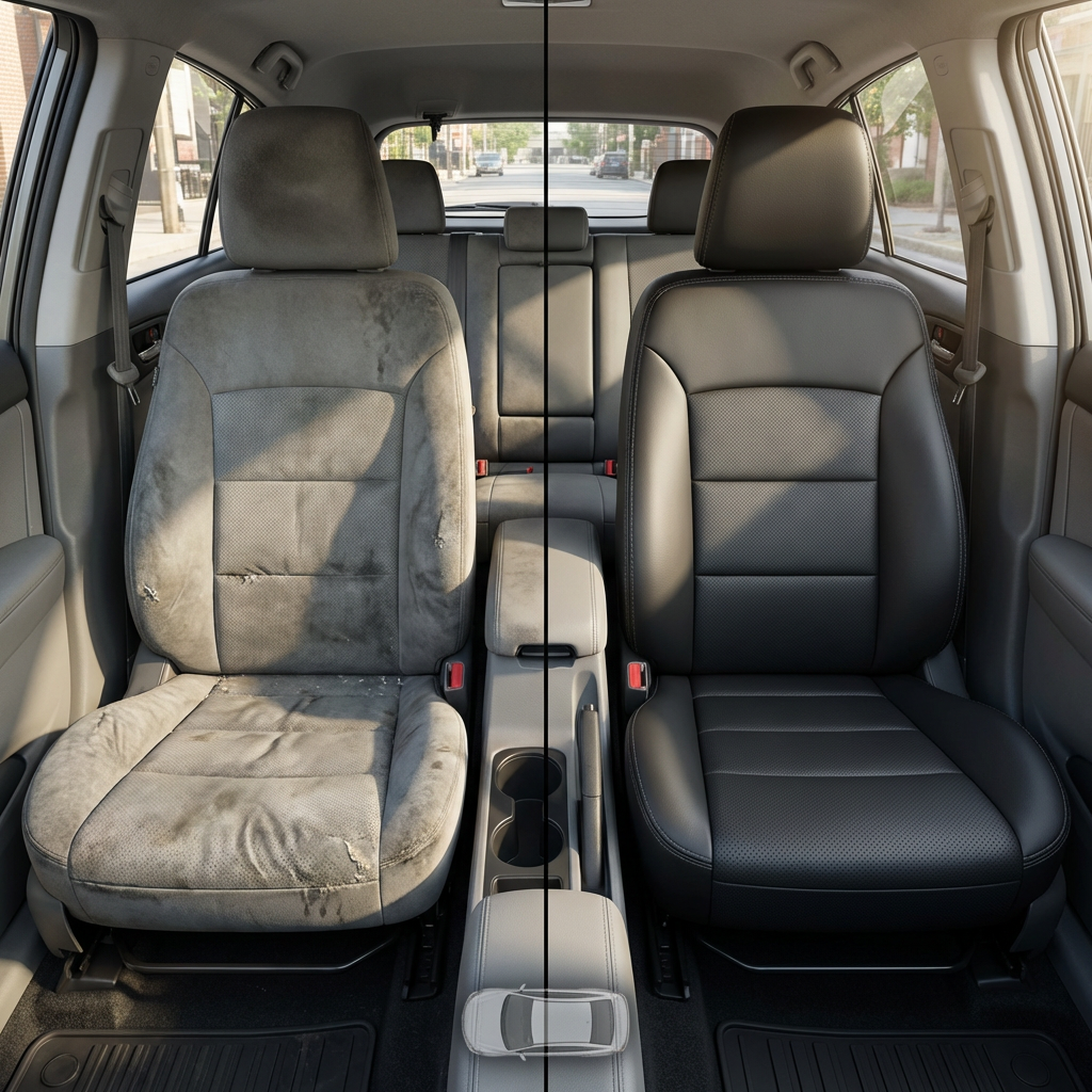 Before-and-after comparison of Mitsubishi_Lancer front seats, showing original cloth seat upgraded to perforated leather upholstery.