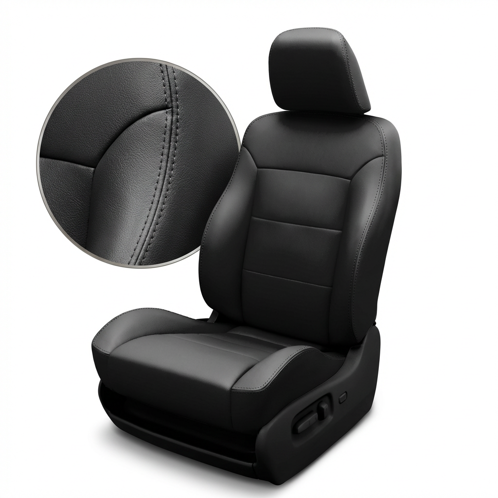 Black car seat cover with detailed stitching on a white background
