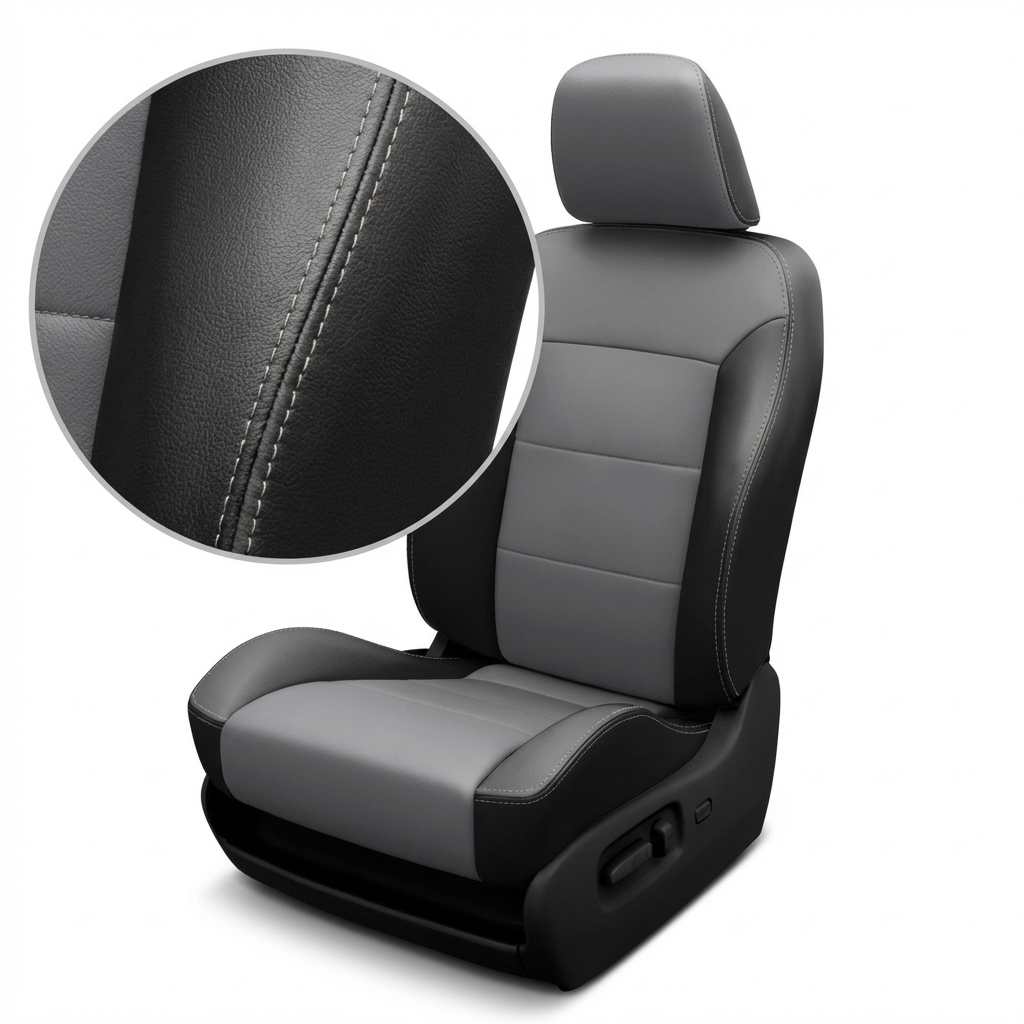 Gray car seat with close-up of stitching detail on a white background