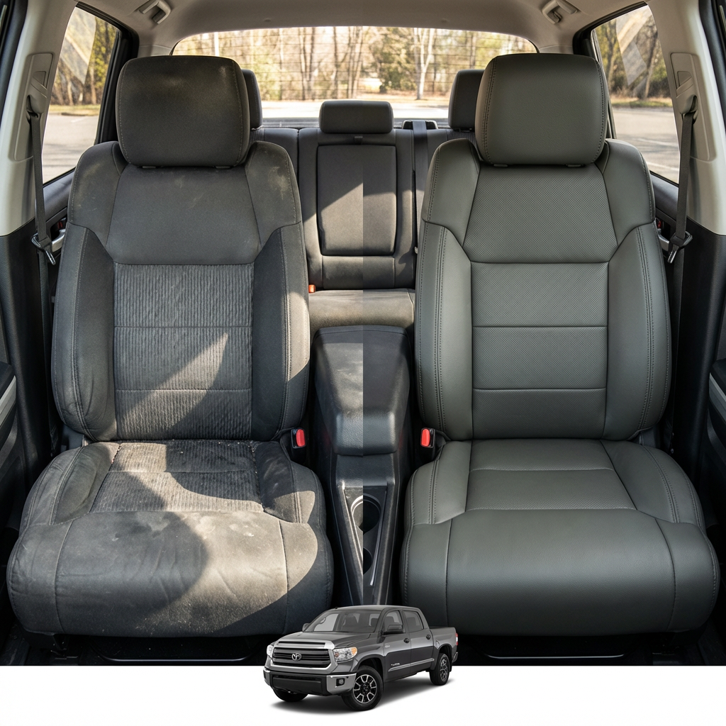 Before-and-after comparison of Mitsubishi_Lancer front seats, showing original cloth seat upgraded to perforated leather upholstery.