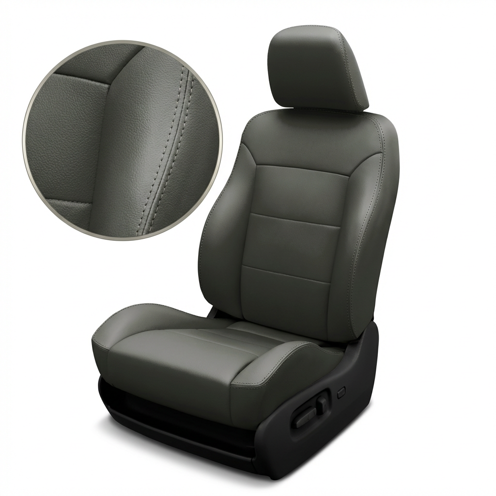 Gray car seat with detailed stitching on a white background