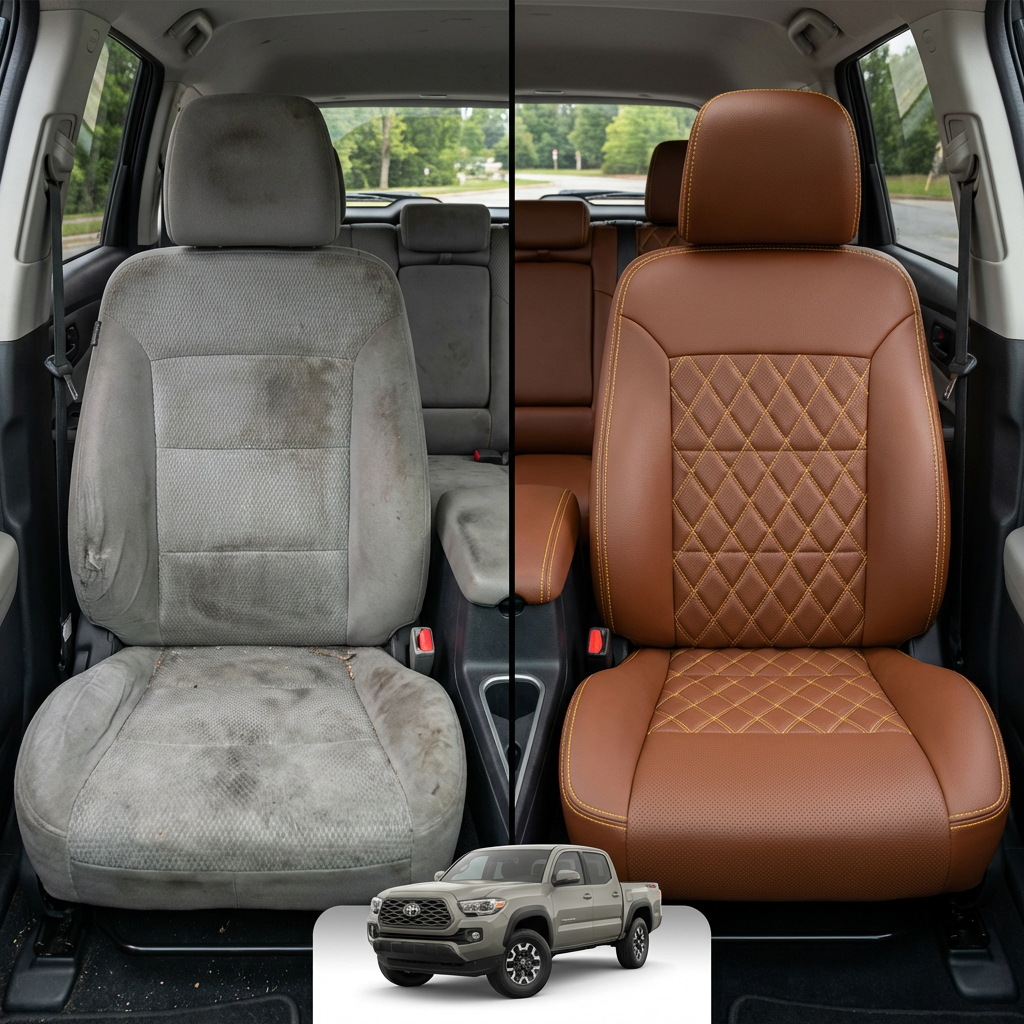 Before-and-after comparison of front seats, showing cloth seat upgraded to perforated leather upholstery.