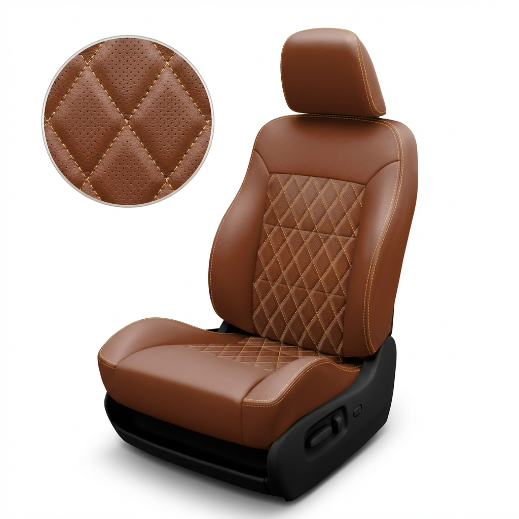 Brown leather car seat with diamond pattern on a white background