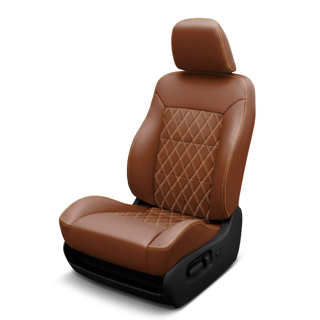 Brown leather car seat with diamond pattern on a white background
