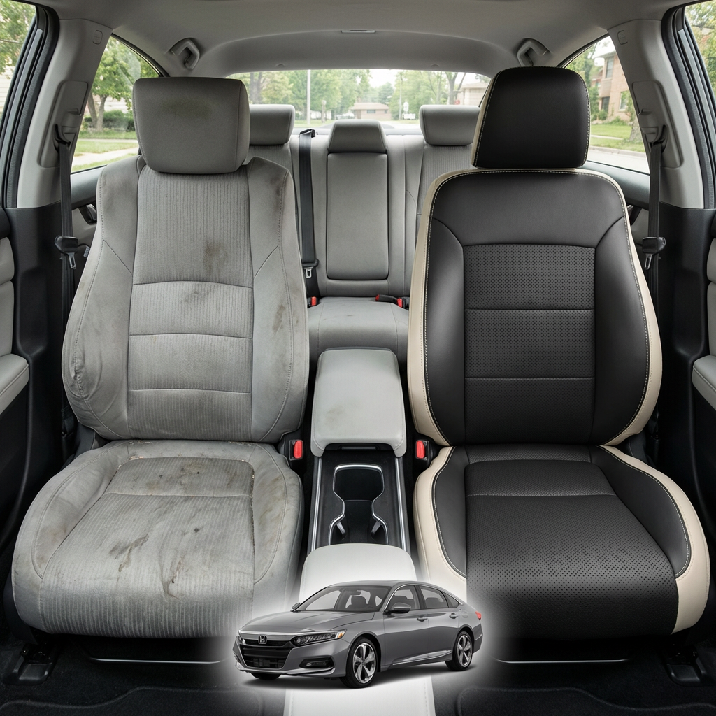 Before-and-after comparison of front seats, showing cloth seat upgraded to perforated leather upholstery.