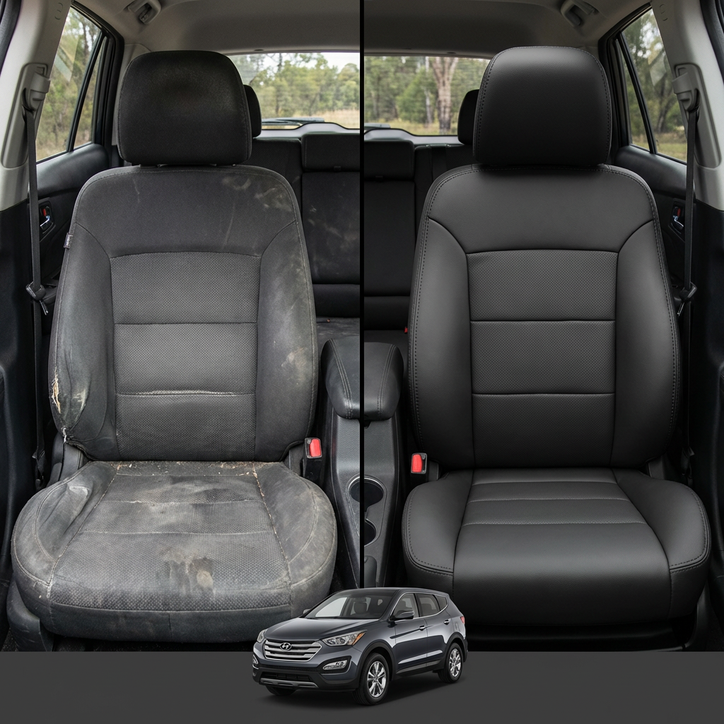 Before-and-after comparison of Volvo C30 front seats, showing original cloth seat upgraded to perforated leather upholstery.
