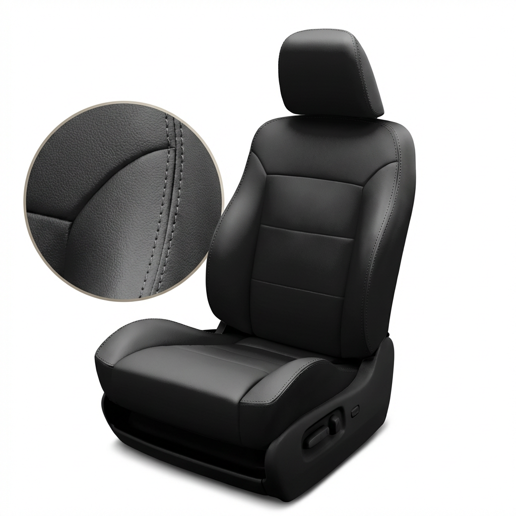 Black car seat cover with detailed stitching on a white background