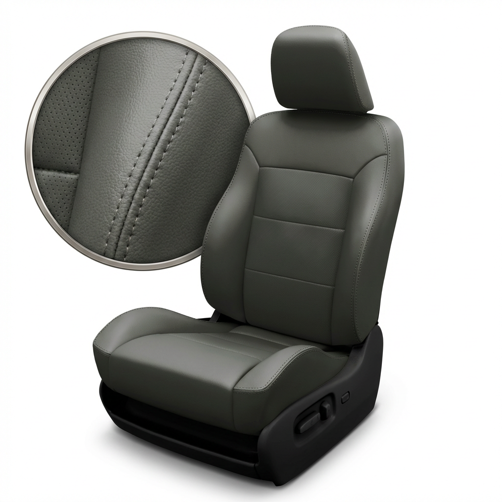 Gray car seat with close-up of stitching detail on a white background