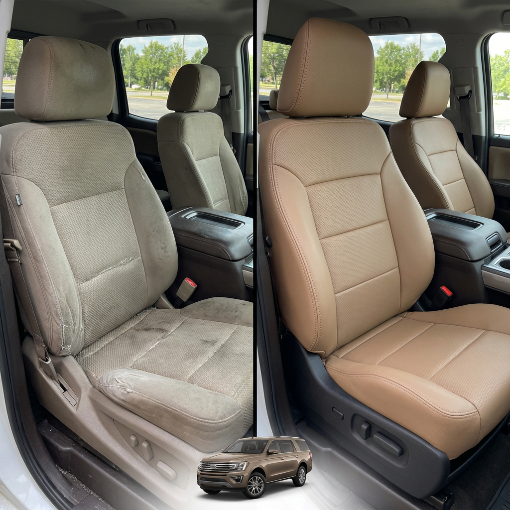 Before-and-after comparison of Smart_Fortwo front seats, showing original cloth seat upgraded to perforated leather upholstery.