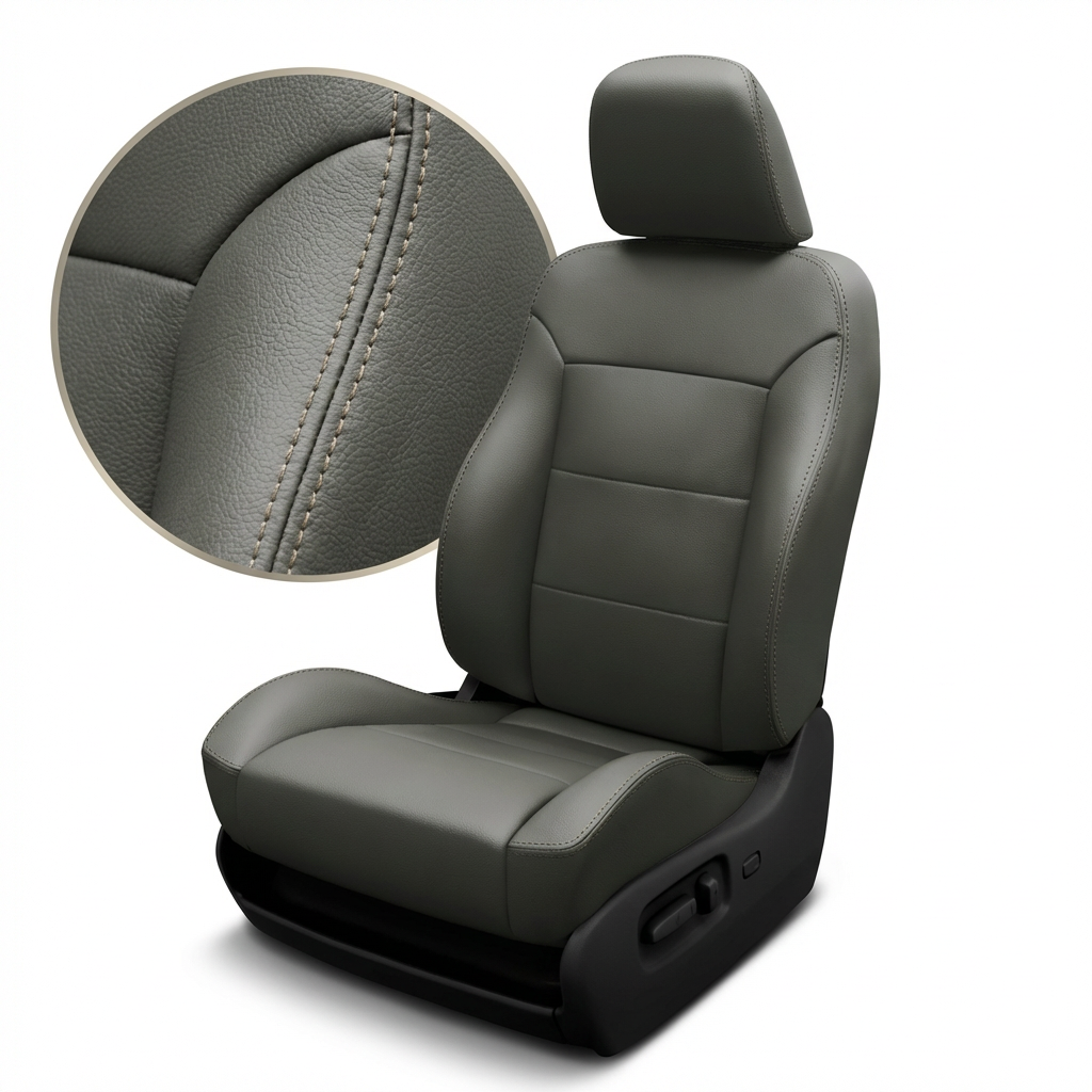 Gray car seat with headrest and detailed close up texture on a white background