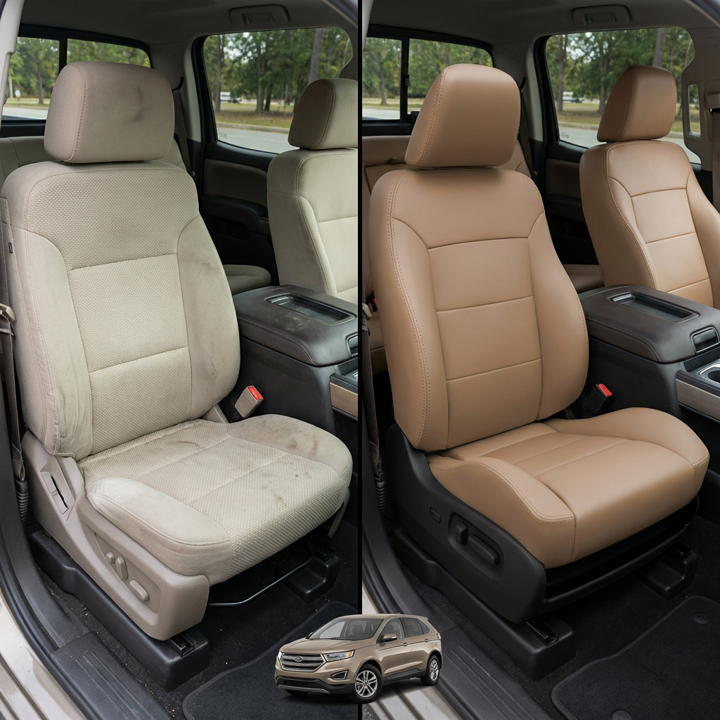 Before-and-after comparison of Buick_Enclave front seats, showing original cloth seat upgraded to perforated leather upholstery.
