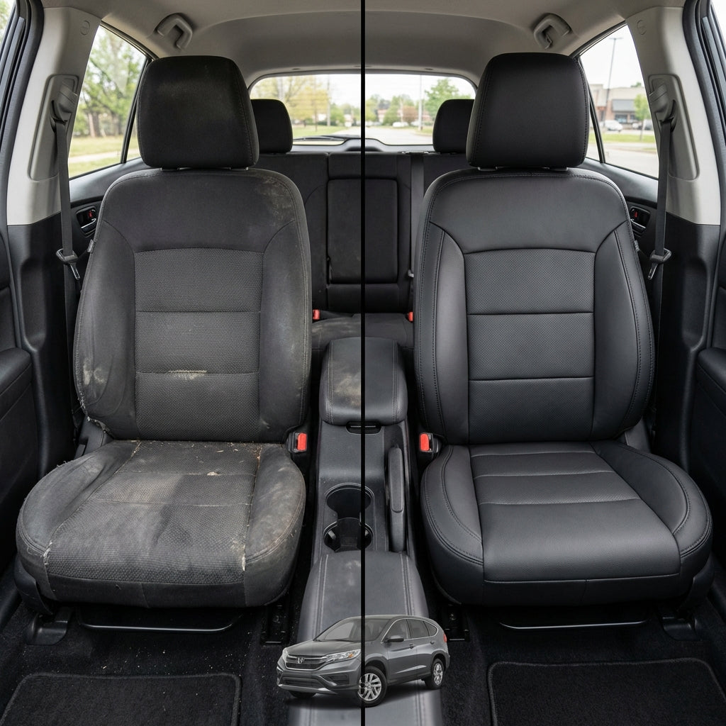 Before-and-after comparison of Volkswagen_Routan front seats, showing original cloth seat upgraded to perforated leather upholstery.