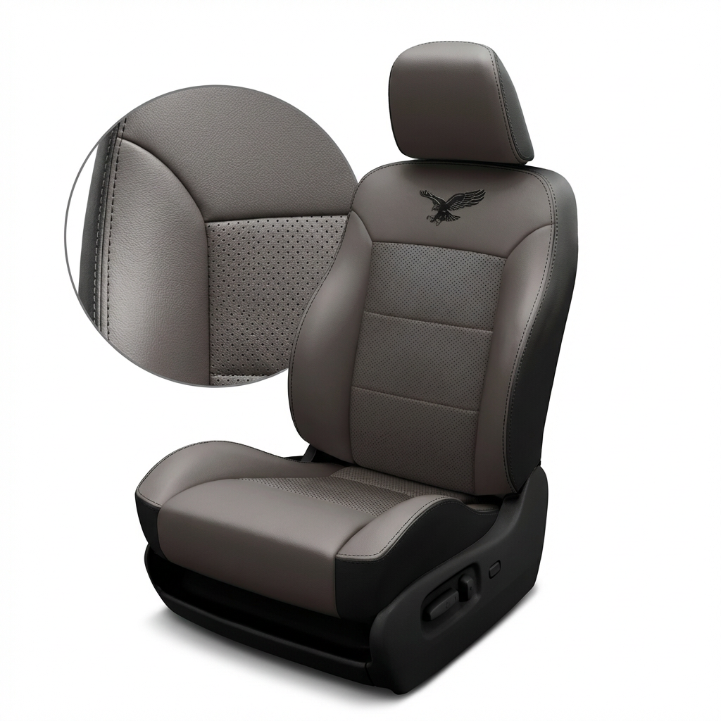 Gray car seat with headrest on a white background