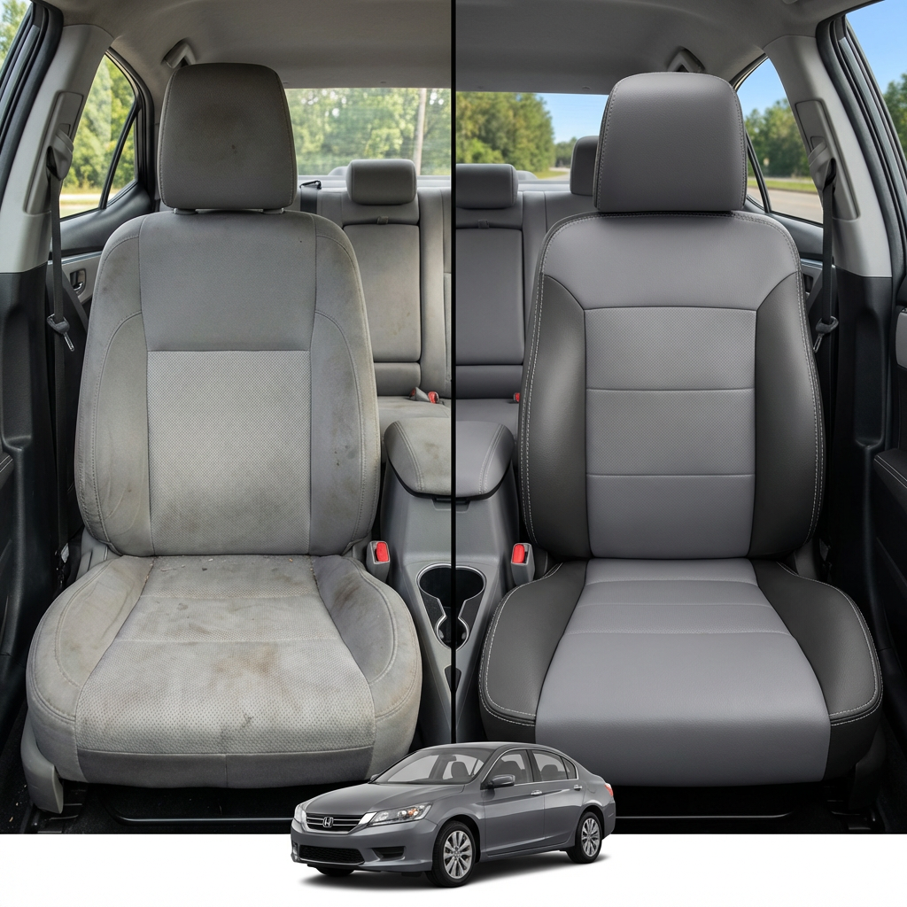 Before-and-after comparison of front seats, showing cloth seat upgraded to perforated leather upholstery.