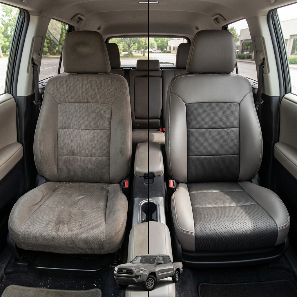 Before-and-after comparison of front seats, showing cloth seat upgraded to perforated leather upholstery.