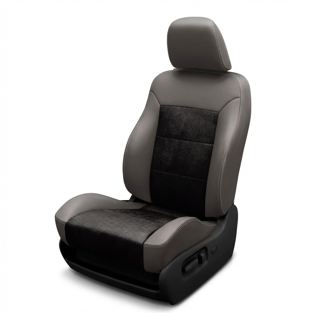 Gray car seat with black accents on a white background