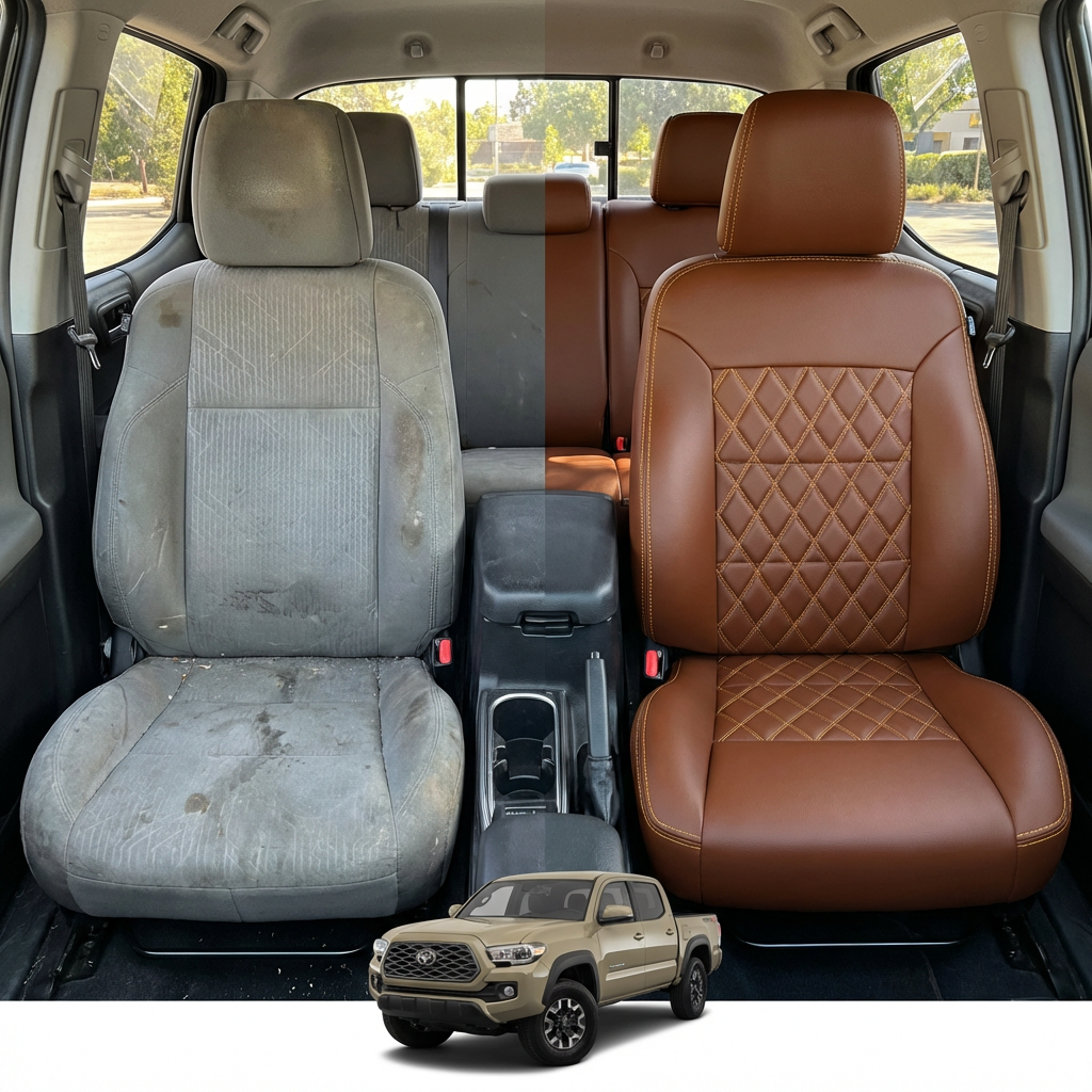 Before-and-after comparison of front seats, showing cloth seat upgraded to perforated leather upholstery.