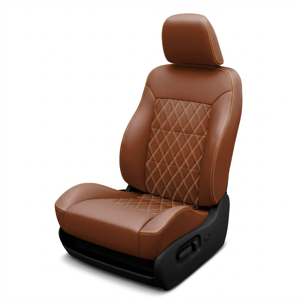 Mahogany wrap and Mayan gold contrast stitching car seat on a white background