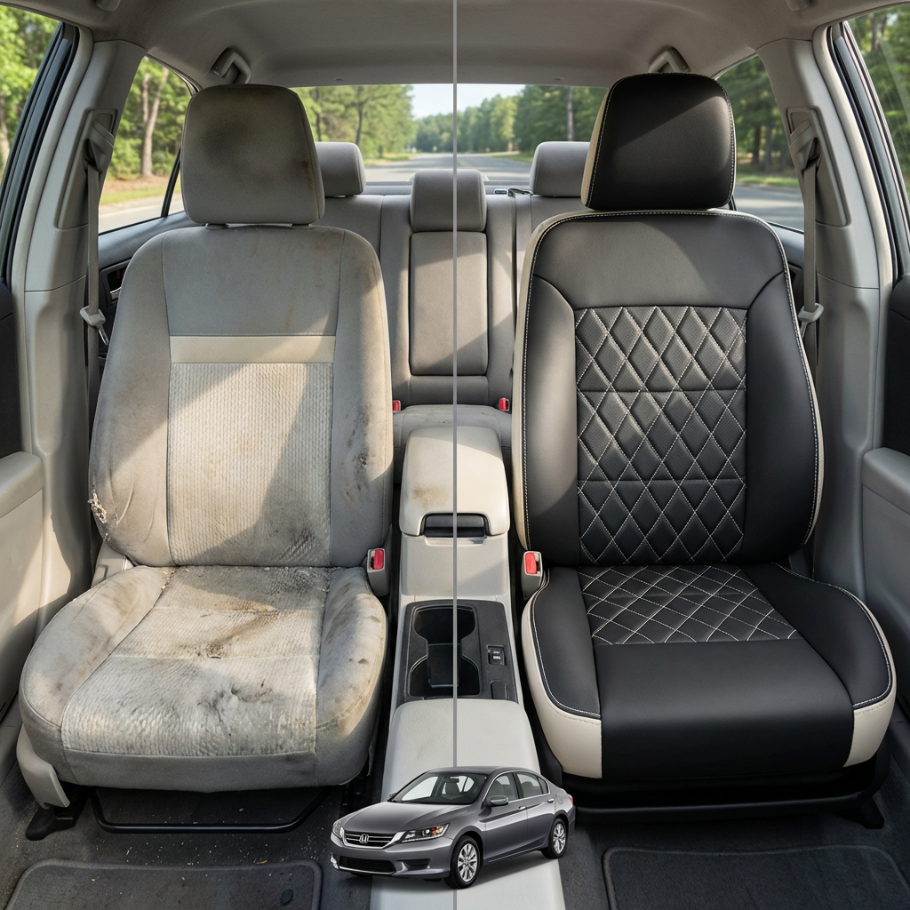 Before-and-after comparison of front seats, showing cloth seat upgraded to perforated leather upholstery.