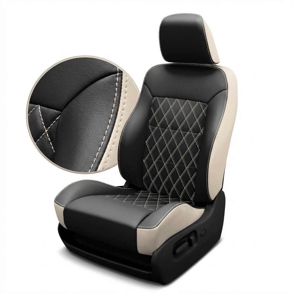 Black and beige car seat cover with diamond pattern on a white background