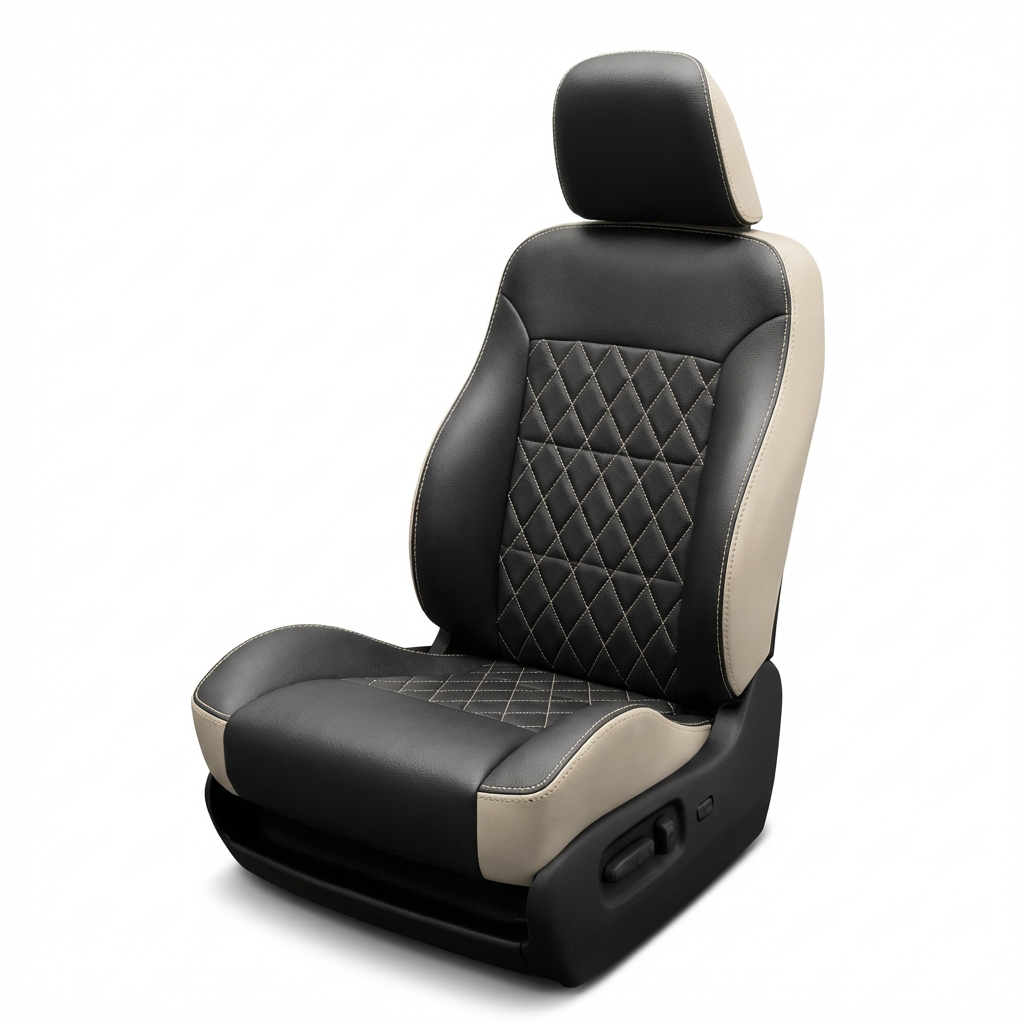Black and beige car seat with diamond pattern on a white background