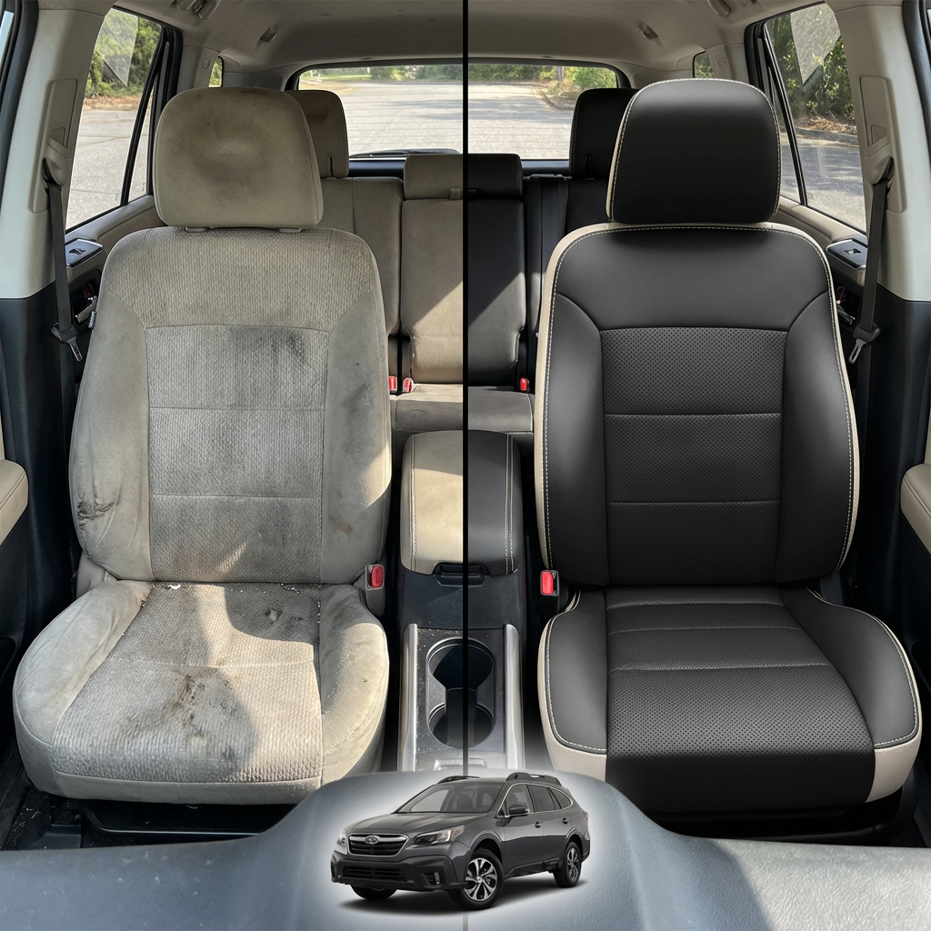 Before-and-after comparison of front seats, showing cloth seat upgraded to perforated leather upholstery.