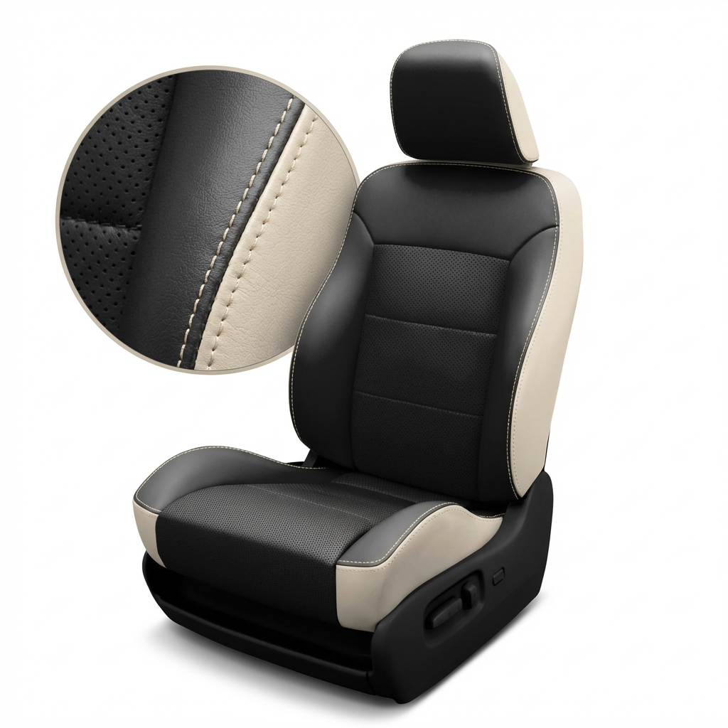 Black and beige car seat with detailed texture on a white background