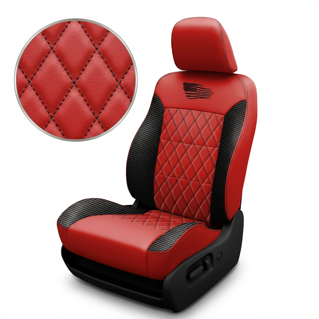 red wrap, C Shadow wings, black contrast stitching car seat with close up detailed stitching on a white background