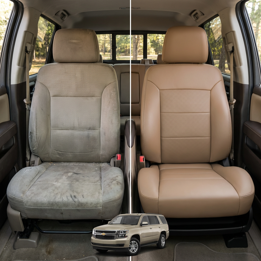 Before-and-after comparison of Volkswagen_Routan front seats, showing original cloth seat upgraded to perforated leather upholstery.