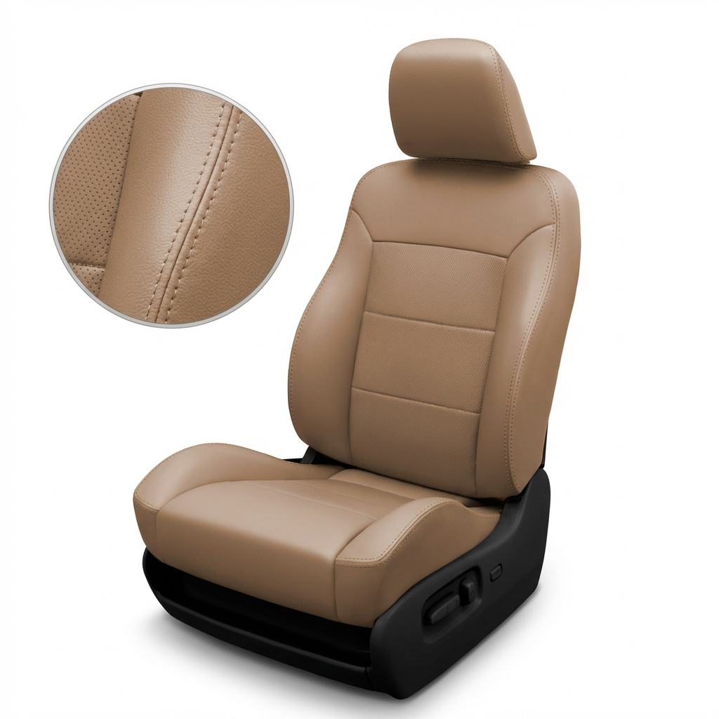Beige car seat with detailed stitching on a white background