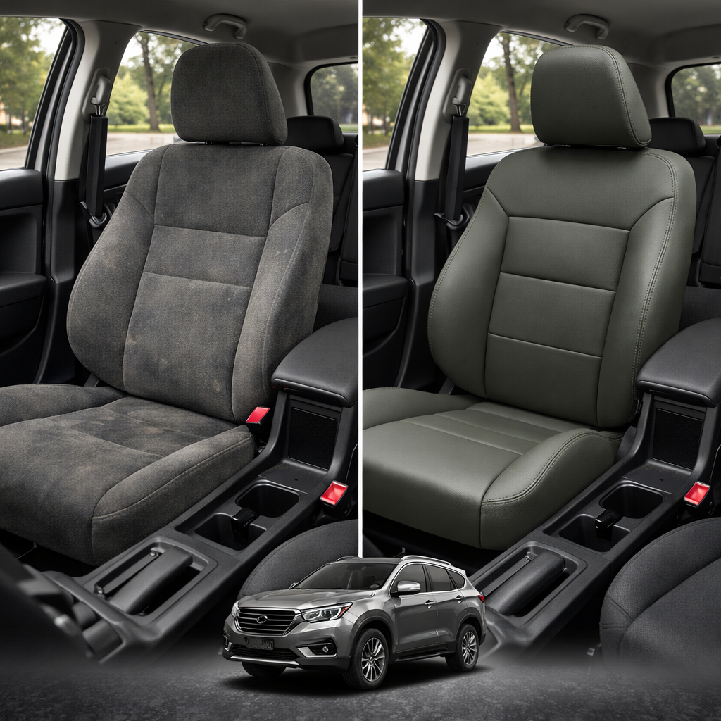 Before-and-after comparison of Ford Flex front seats, showing original cloth seat upgraded to perforated leather upholstery.