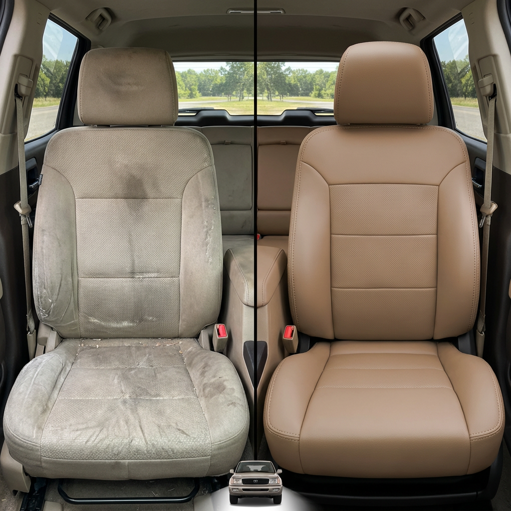 Before-and-after comparison of Ford Flex front seats, showing original cloth seat upgraded to perforated leather upholstery.