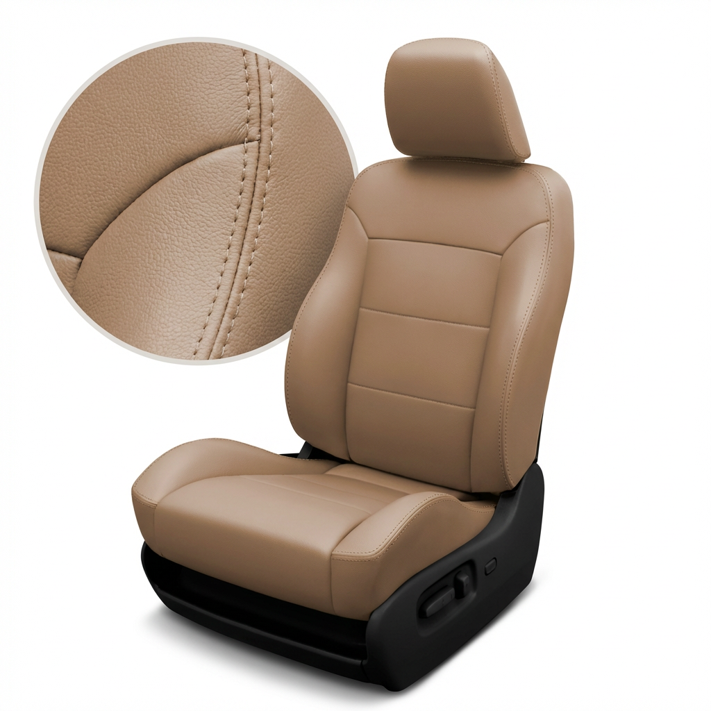 Beige car seat with detailed stitching on a white background