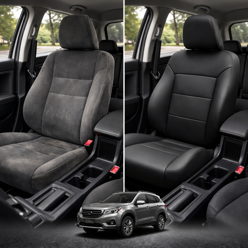Before-and-after comparison of Ford_E-150 front seats, showing original cloth seat upgraded to perforated leather upholstery.