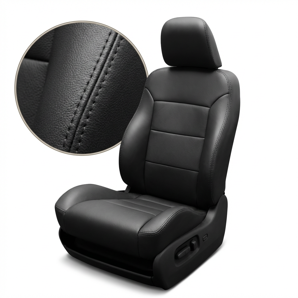 Black car seat cover with detailed stitching on a white background