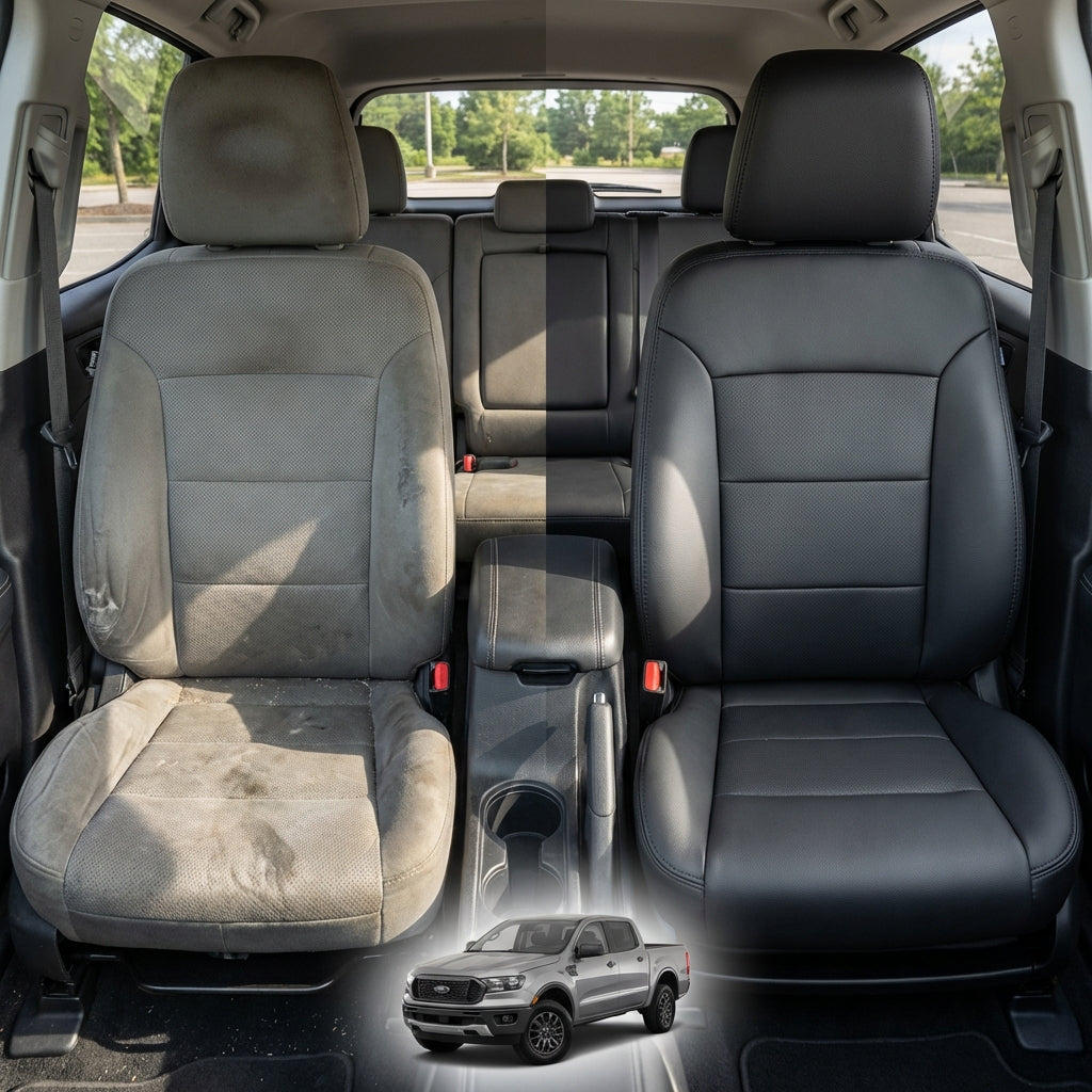 Before-and-after comparison of Kia_Borrego front seats, showing original cloth seat upgraded to perforated leather upholstery.