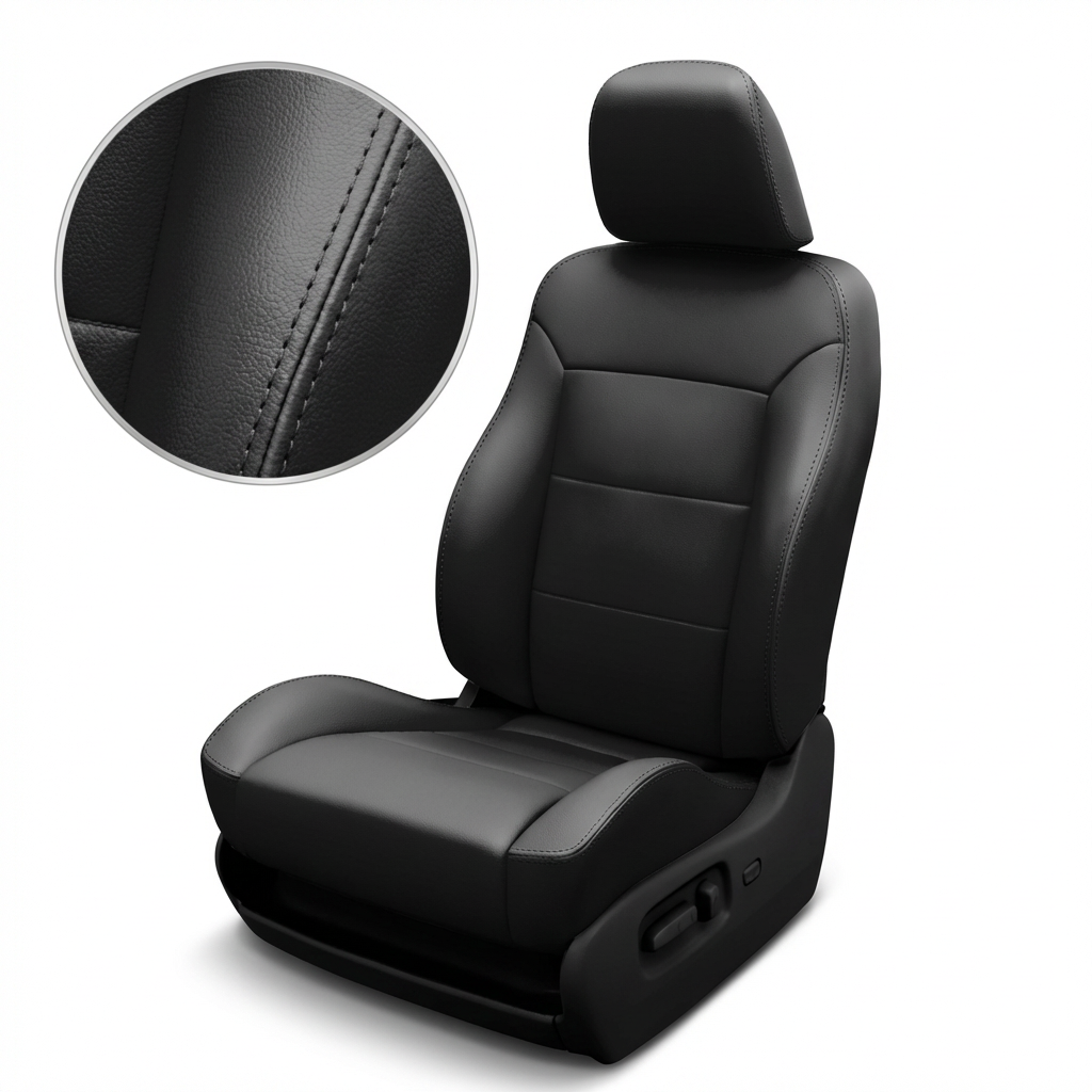 Black car seat with detailed close up black stitching on a white background